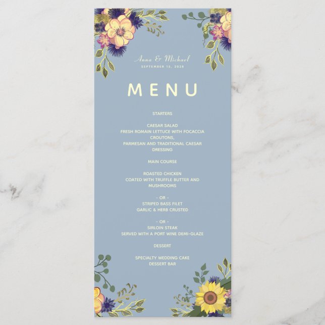 Menu de mariage floral boho bleu poussiéreux (Devant)