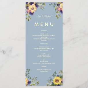 Menu de mariage floral boho bleu poussiéreux