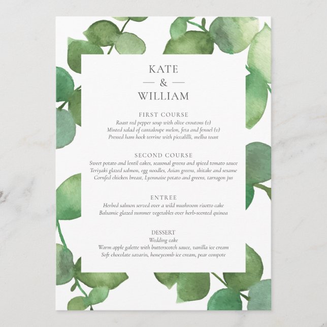 Menu de mariage floral boho eucalyptus (Devant)