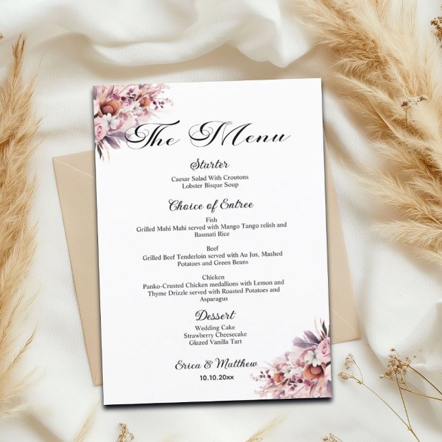 Menu de mariage floral boho rose poussiéreux 5x7'' (Créateur téléchargé)