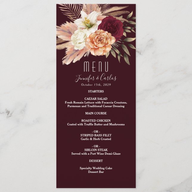 Menu de mariage floral bordeaux (Devant)