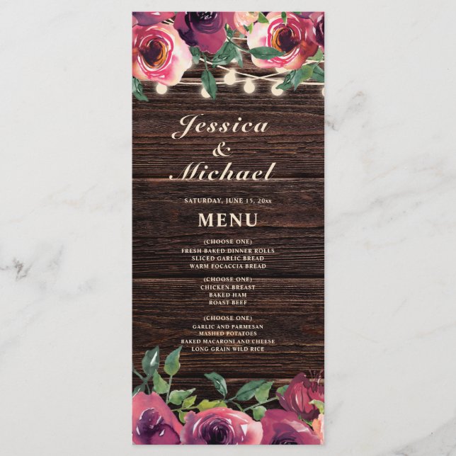 Menu de mariage floral bordeaux avec guirlandes ru (Devant)