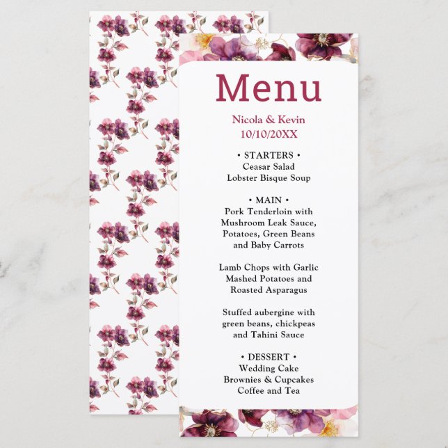 Menu de mariage floral bordeaux Hellebore d'hiver (Devant / Derrière)