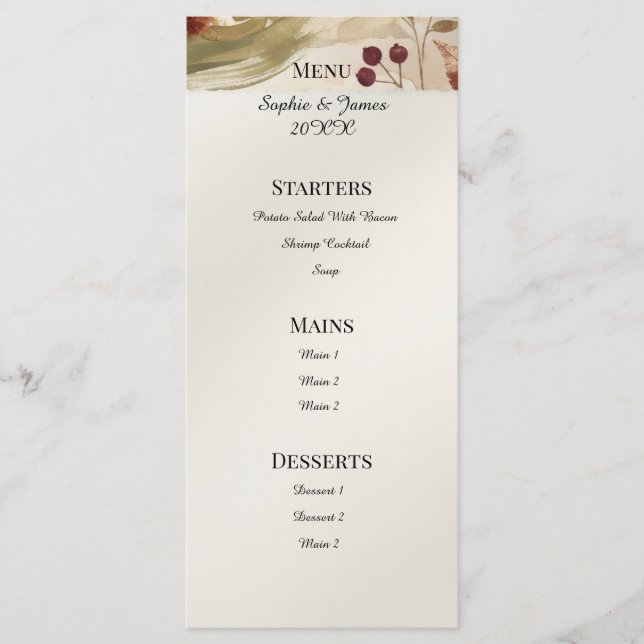 Menu de mariage floral botanique d'automne (Devant)