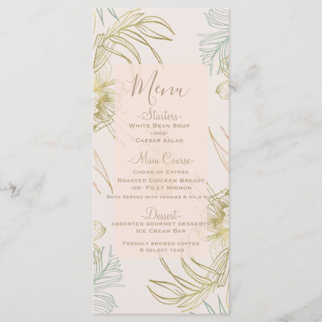 Menu de mariage floral botanique tropical élégant (Devant)