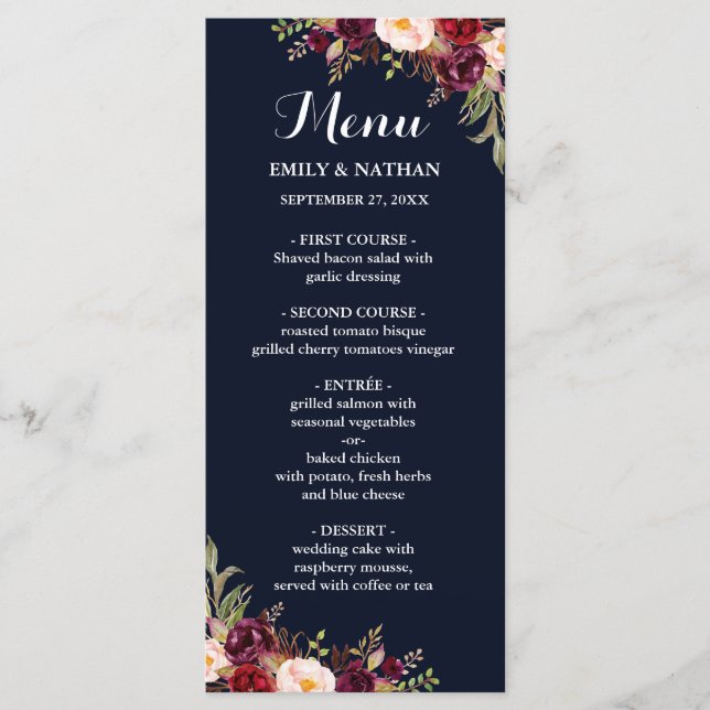Menu de mariage floral Bourgogne Navy (Devant)