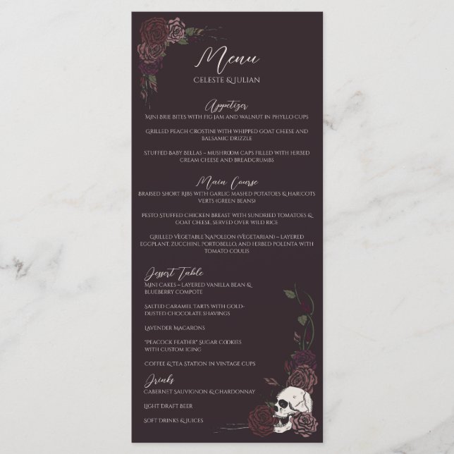 Menu de mariage floral burgundy foncé gothique (Devant)