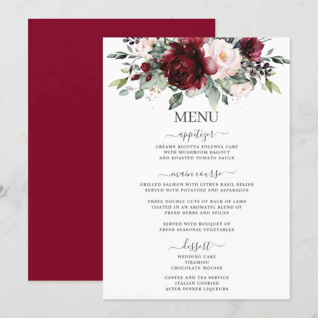 Menu de mariage floral burgundy rose saumon rustiq (Devant / Derrière)