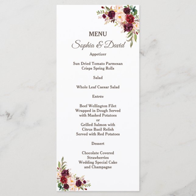 Menu de mariage floral Charm Burgundy Red Marsala (Devant)