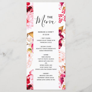 Menu de mariage floral chic bordeaux et rose blush