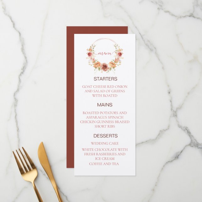 Menu de mariage floral citrouille automne papier k (Devant/Arrière en situation)