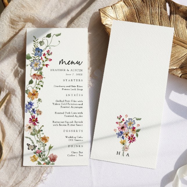 Menu de mariage floral coloré (Watercolor Colorful Wildflower Monogrammed Wedding Menu by Painted Paperie)