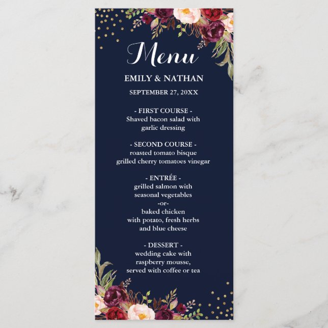 Menu de mariage floral confetti or bordeaux marine (Devant)