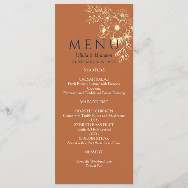 Menu de mariage floral doré en or (Devant)