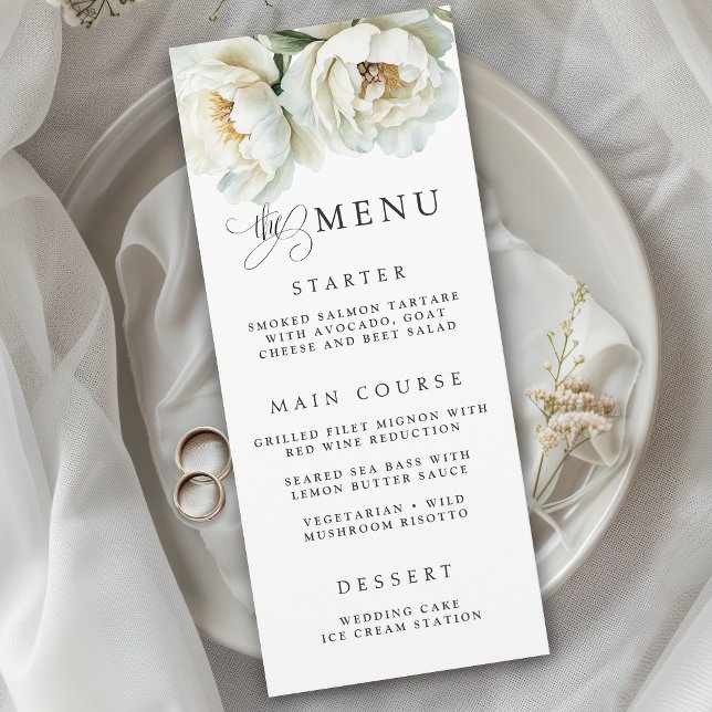 Menu de mariage floral élégant aux pivoines blanch (Créateur téléchargé)