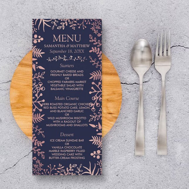 Menu de mariage floral élégant marine et or rose (Créateur téléchargé)