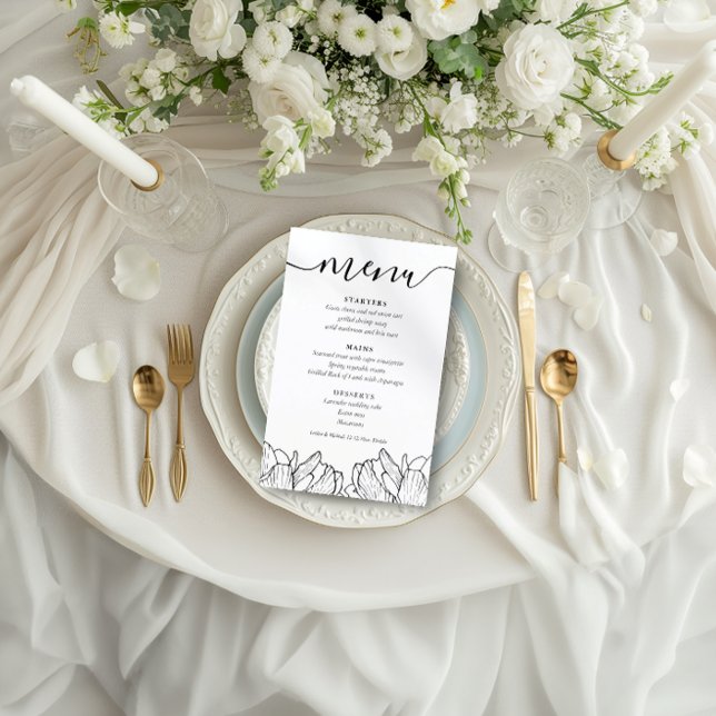Menu de mariage floral élégant noir et blanc (Créateur téléchargé)