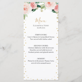 Menu de mariage floral élégant rose poudré or