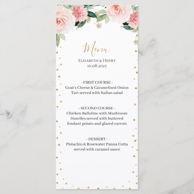 Menu de mariage floral élégant rose poudré or (Devant)