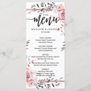 Menu de Mariage floral encadré d'or blanc et Rose