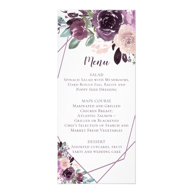 Menu de mariage floral géométrique Sangria Violet  (Devant)