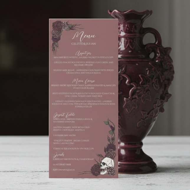 Menu de mariage floral gothique mauve rose foncé (Elegant Gothic Mauve Pink Dark Floral Skull and Roses Wedding Menu for Hallowedding or Gothic Dinner)