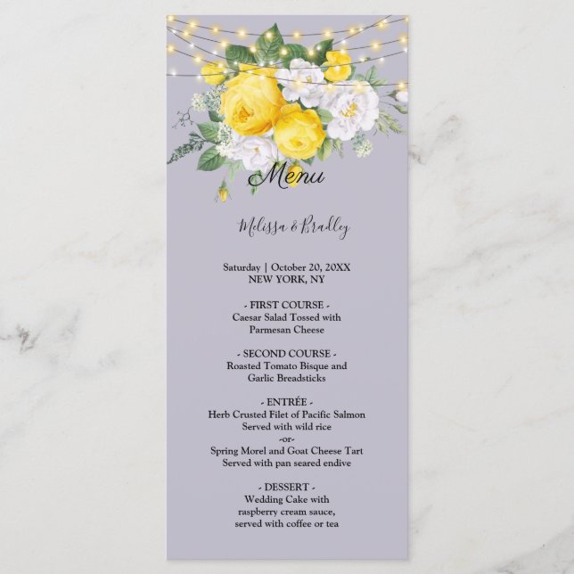 Menu de mariage floral jaune lumières rustiques (Devant)