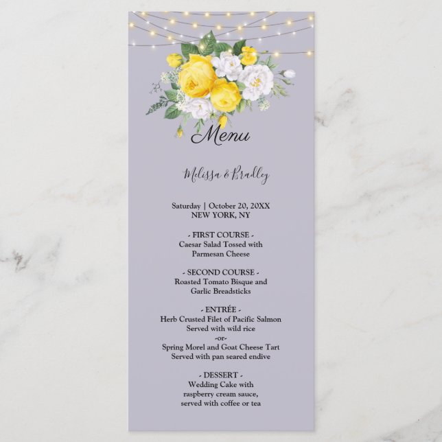 Menu de mariage floral jaune lumières rustiques (Devant)