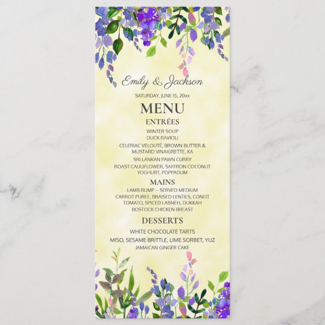Menu de mariage floral lavande aquarelle jaune (Devant)