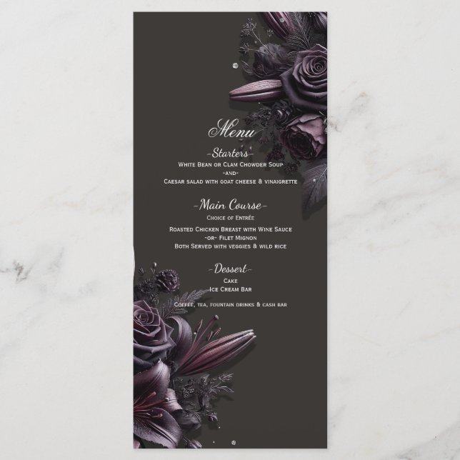 Menu de mariage floral Lily Rose noir violet Berry (Devant)