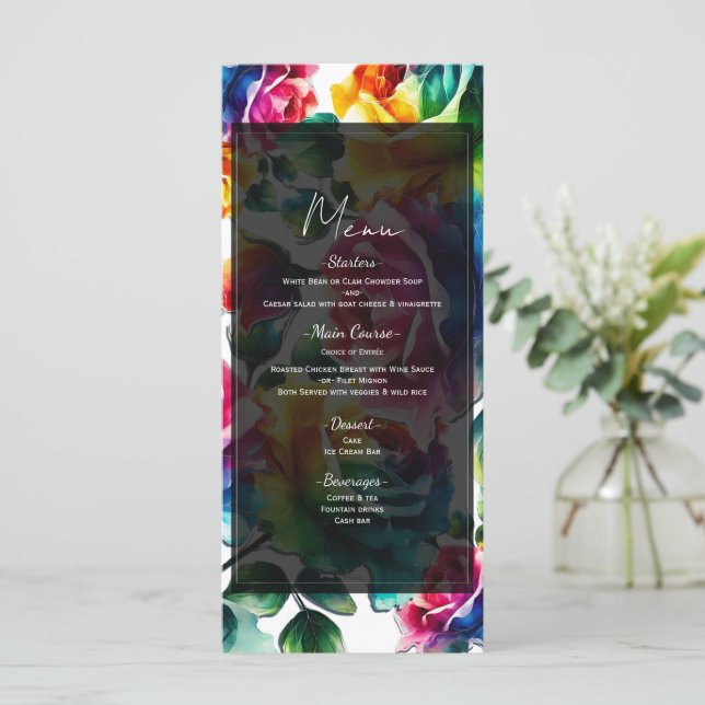 Menu de mariage floral noir et blanc Roses arc-en- (Debout devant)