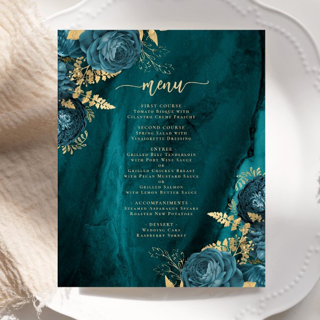 Menu de mariage floral or bleu sarcelle à budget (Créateur téléchargé)