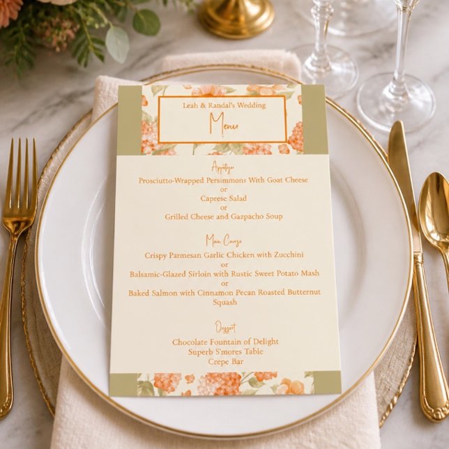 Menu de mariage floral orange 4,5" x 6,25" (Créateur téléchargé)