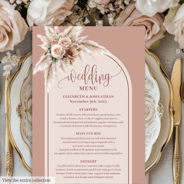 Menu de mariage floral Pampas Rose poussiéreuse Bo (Simple Boho Dusty Rose Pampas Floral Wedding Menu)