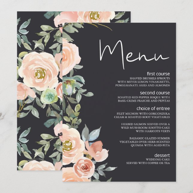 Menu de mariage floral pastel vert pêche et marine (Devant / Derrière)