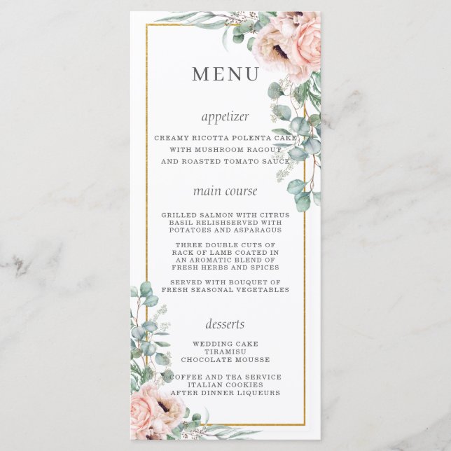 Menu de mariage floral Poppy Roses Dusty Pink Blus (Devant)