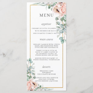 Menu de mariage floral Poppy Roses Dusty Pink Blus