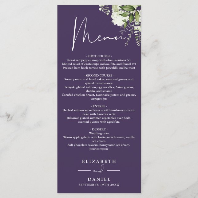 Menu de mariage floral pourpre avec monogramme (Devant)