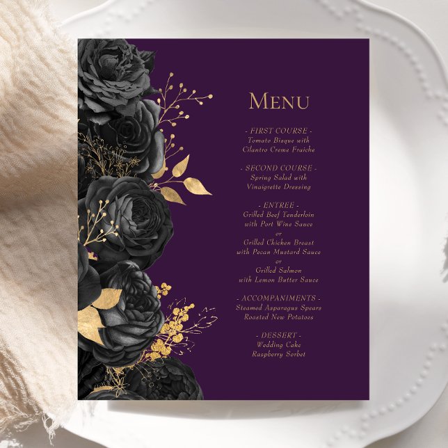 Menu de mariage floral pourpre Budget Black Gold (Créateur téléchargé)