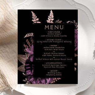 Menu de mariage floral pourpre élégant avec or ros