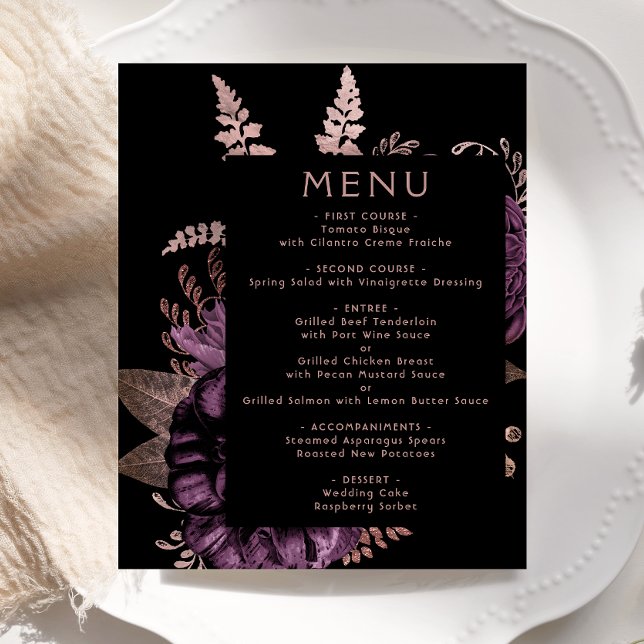 Menu de mariage floral pourpre élégant avec or ros (Créateur téléchargé)