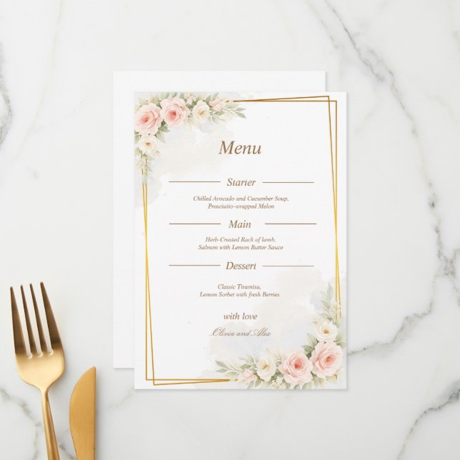 Menu de mariage floral romantique Pivoine rose pou (Devant/Arrière en situation)