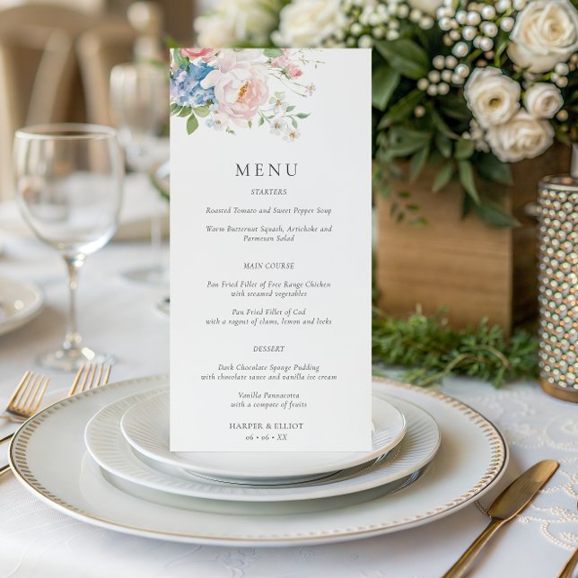 Menu de mariage floral rose et bleu pastel pour le (Créateur téléchargé)