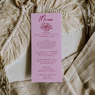 Menu de mariage floral rose framboise dessiné à la