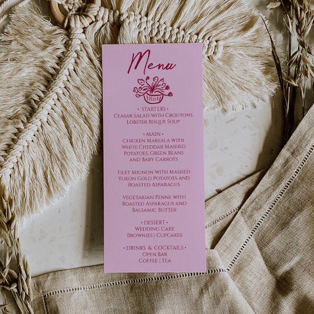 Menu de mariage floral rose framboise dessiné à la (Créateur téléchargé)