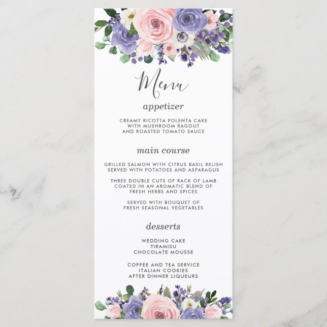 Menu de mariage floral rose lavande violet (Devant)