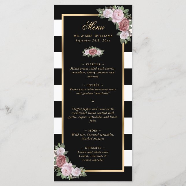 Menu de Mariage floral rose noir rayé or (Devant)