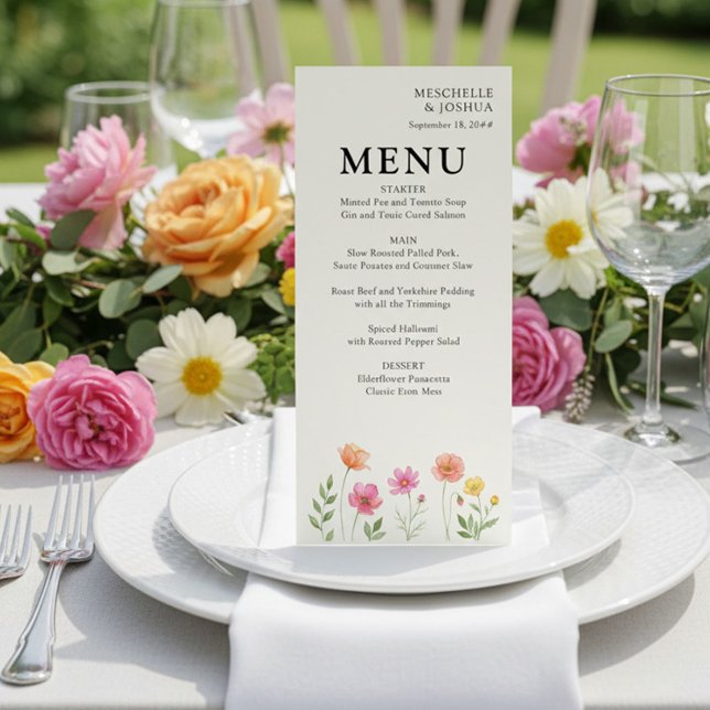 Menu de mariage floral rose orange Fleur sauvage e (Pretty Menu from the Wildflower Bloom wedding collection by Darling & May)