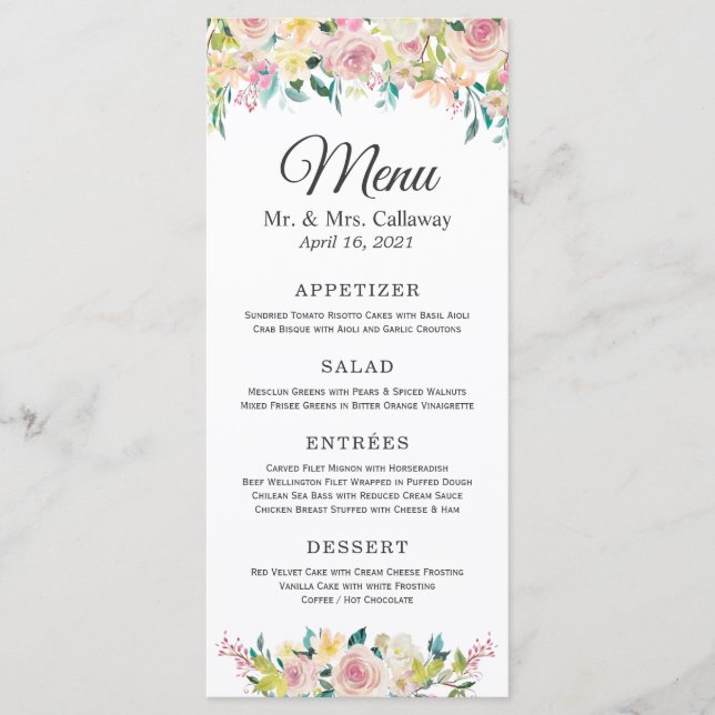 Menu de mariage floral rose pastel (Devant)