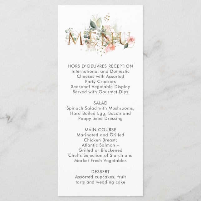 Menu de mariage floral rose pêche blanc stylisé (Devant)